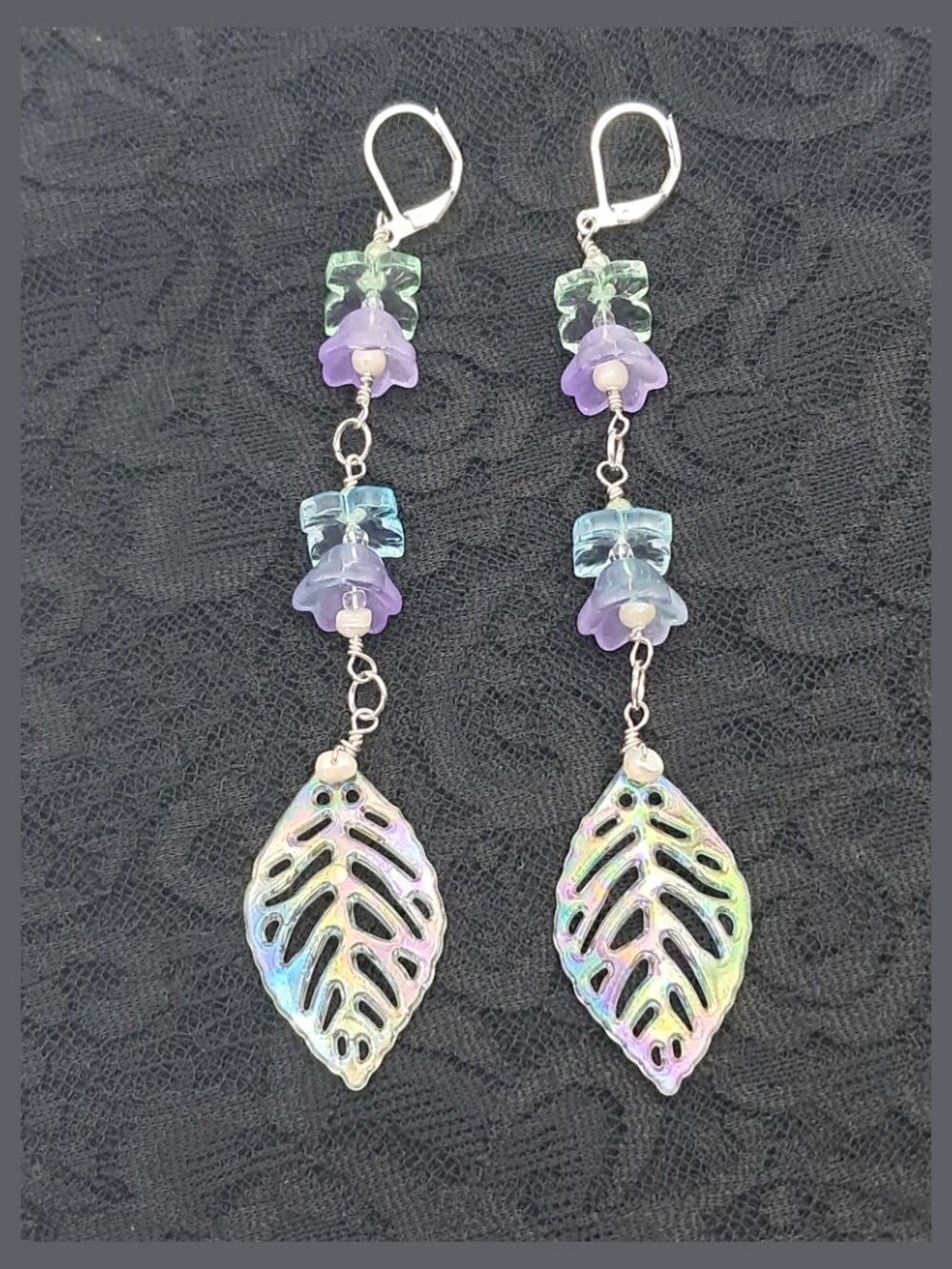 Whimsical Cultured Pearl & Glass Ombre Floral Leaf Drop Earrings Handmade Fairy